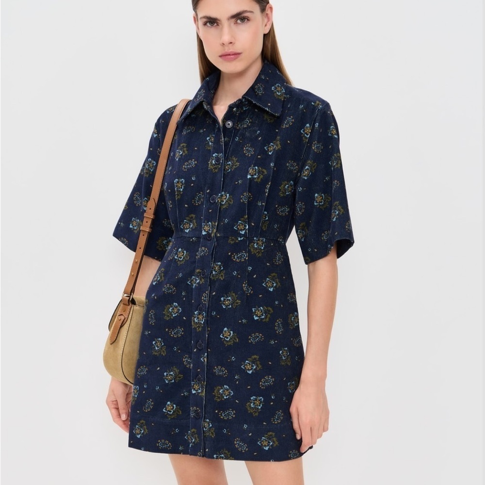 SEA  Briar Corduroy Short Sleeve Button Down Dress in Navy